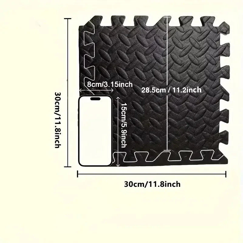 Black foam puzzle mat with dimensions indicated on a beige background