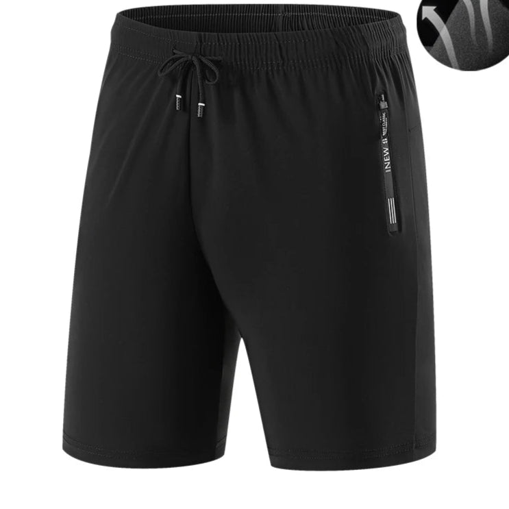 Black shorts with drawstring and zipper pocket on a white background